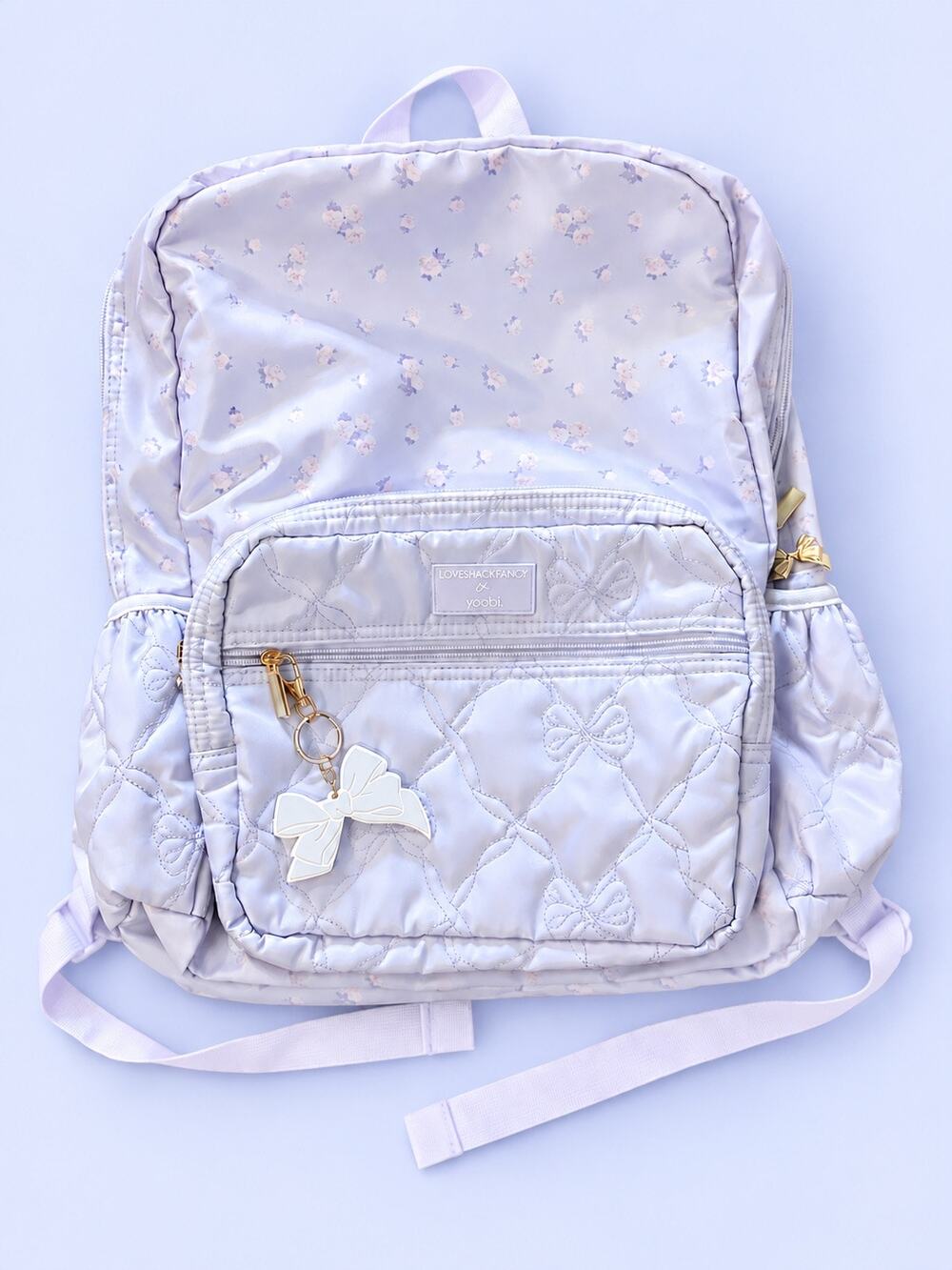 NWT LoveShackFancy x Yoobi Backpack Purple/
Blue Floral Bow Quilted Laptop Bag